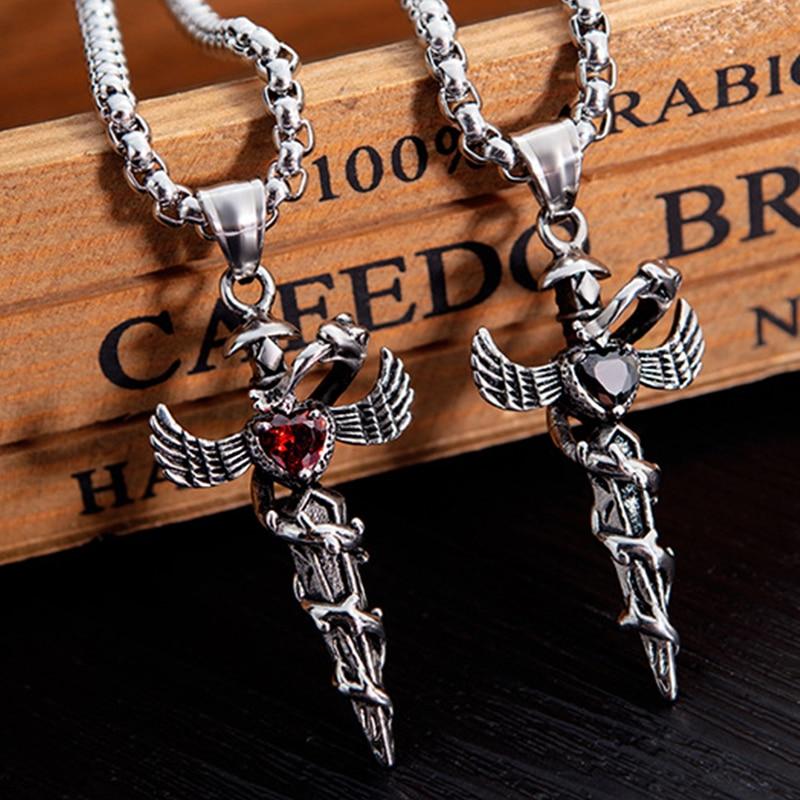 Steel Winged Crystal Heart Cross with Snake Accent Pendant Necklace-Necklaces-Innovato Design-Red-Innovato Design