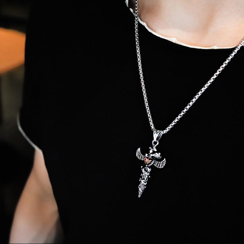 Steel Winged Crystal Heart Cross with Snake Accent Pendant Necklace-Necklaces-Innovato Design-Red-Innovato Design