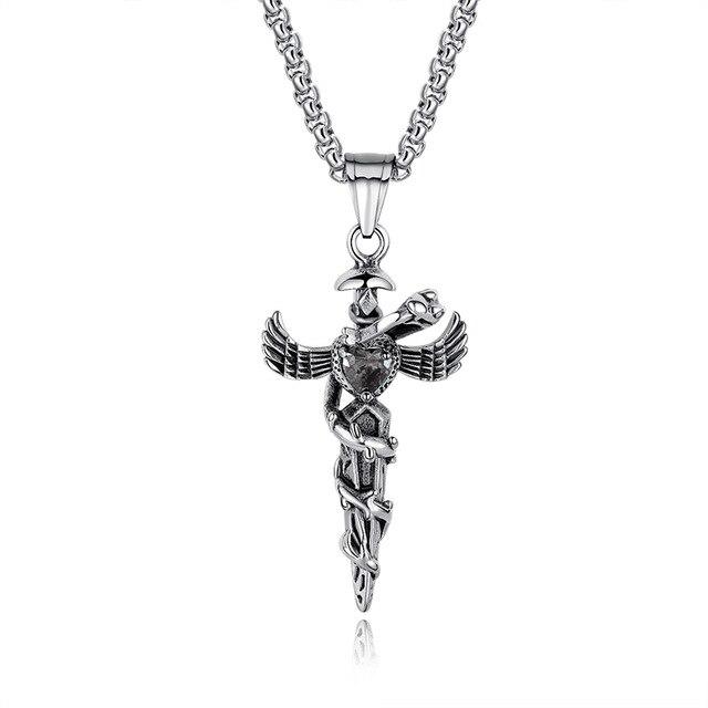 Steel Winged Crystal Heart Cross with Snake Accent Pendant Necklace-Necklaces-Innovato Design-Black-Innovato Design
