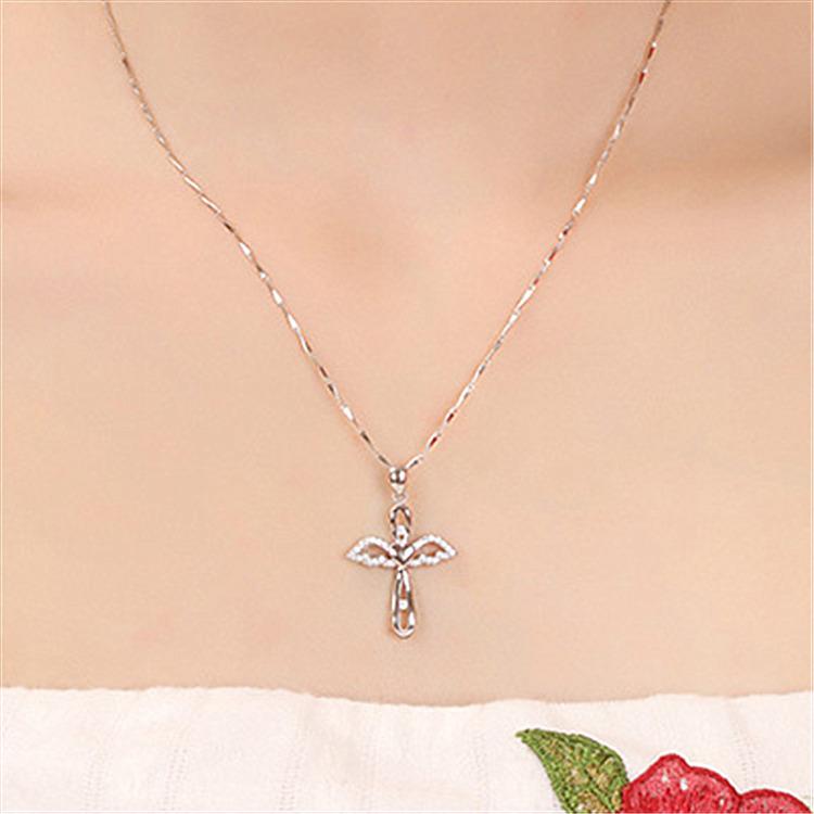 Silver Winged Angel Cross Pendant with Crystals Necklace-Necklaces-Innovato Design-Innovato Design