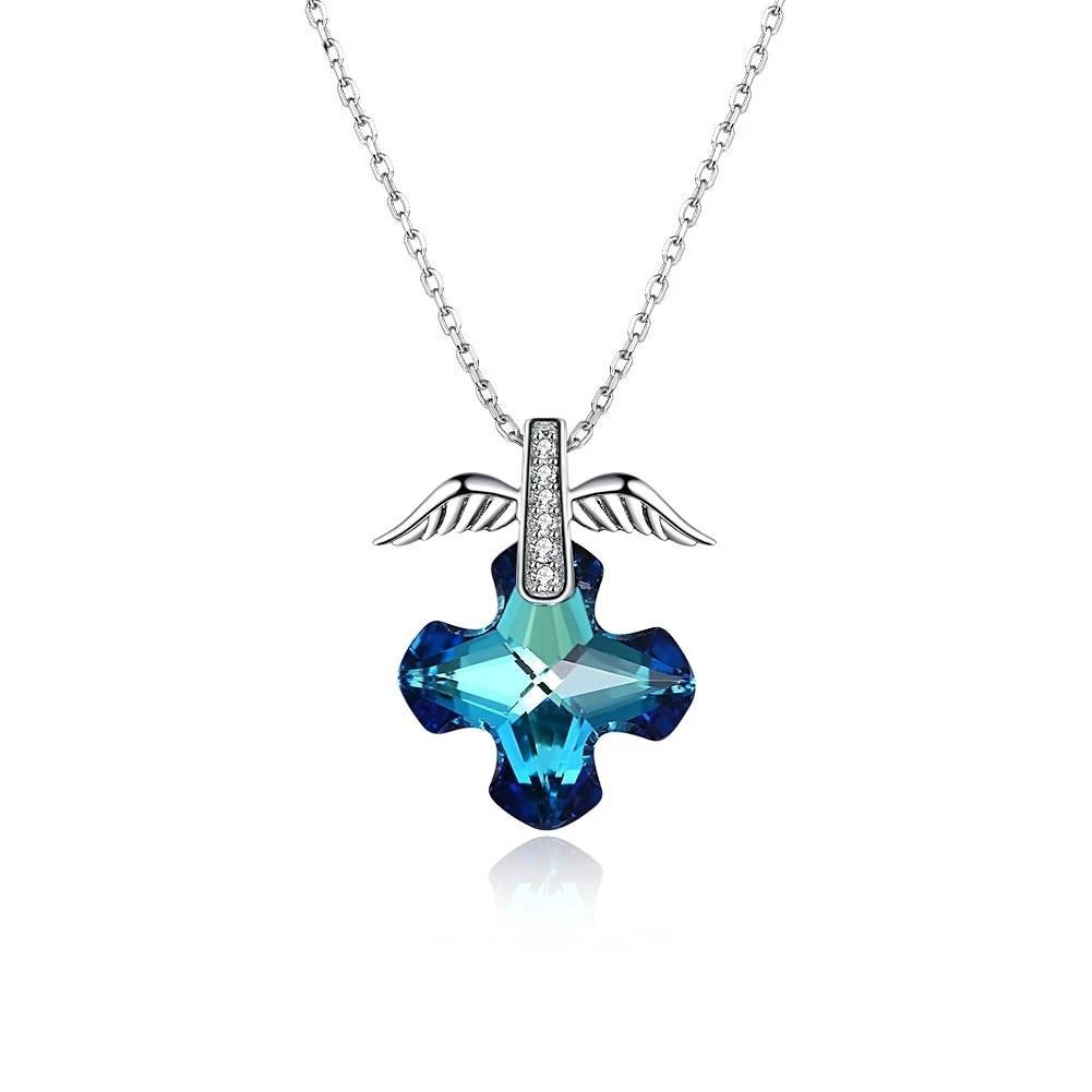 Necklace with Blue Sapphire Crystal Cross with Silver Wings-Necklaces-Innovato Design-Innovato Design