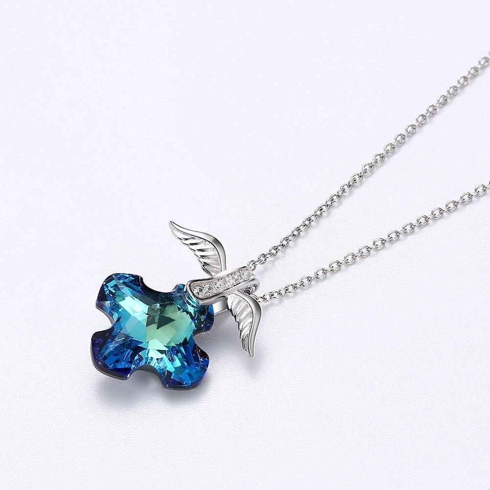 Necklace with Blue Sapphire Crystal Cross with Silver Wings-Necklaces-Innovato Design-Innovato Design
