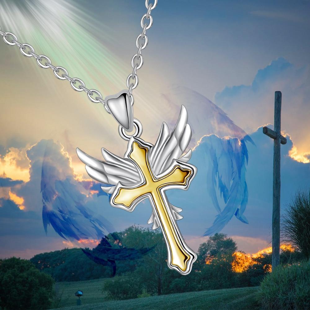 Two-Tone Silver and Gold Angel Wing Cross Pendant Necklace-Necklaces-Innovato Design-18 inch-Innovato Design