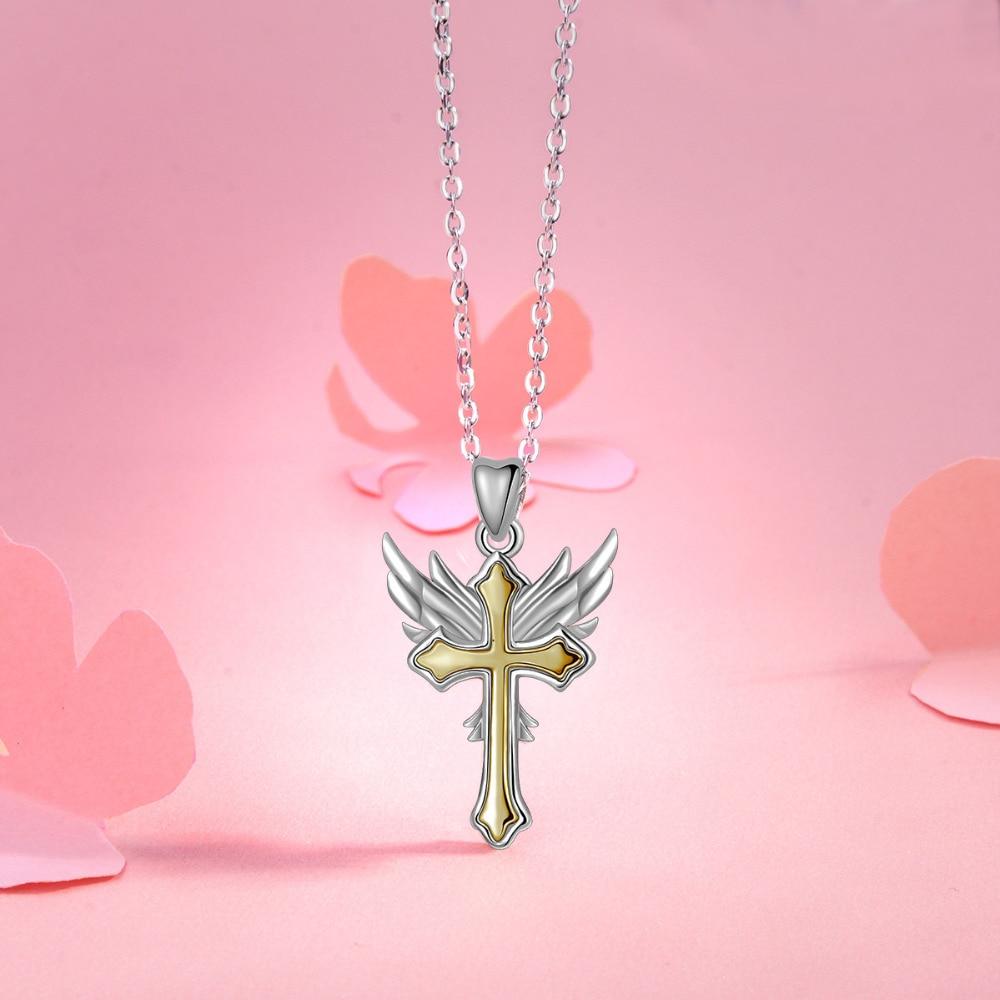 Two-Tone Silver and Gold Angel Wing Cross Pendant Necklace-Necklaces-Innovato Design-18 inch-Innovato Design
