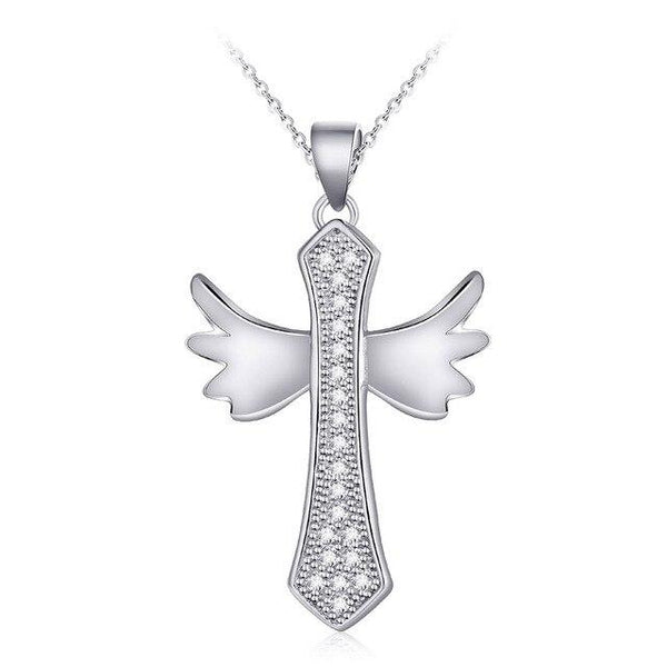 Sterling Silver Winged Cross with Cubic Zirconia Crystals Necklace-Necklaces-Innovato Design-Innovato Design