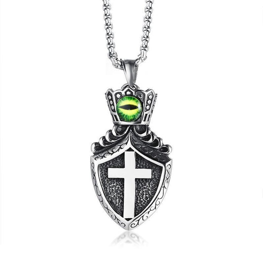 Green Eye Stone Crown Shield Pendant Silver Necklace-Necklaces-Innovato Design-Innovato Design