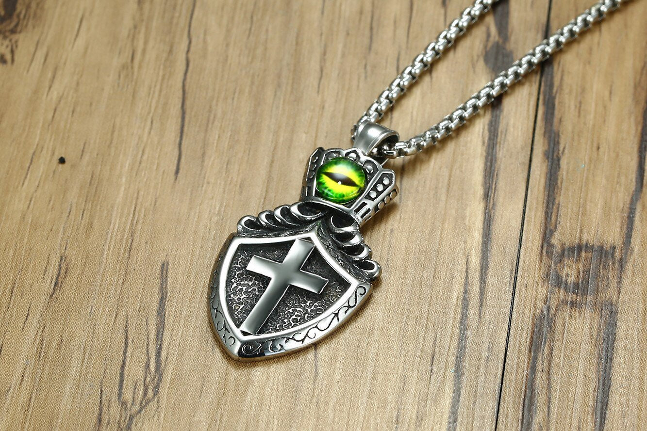 Green Eye Stone Crown Shield Pendant Silver Necklace-Necklaces-Innovato Design-Innovato Design