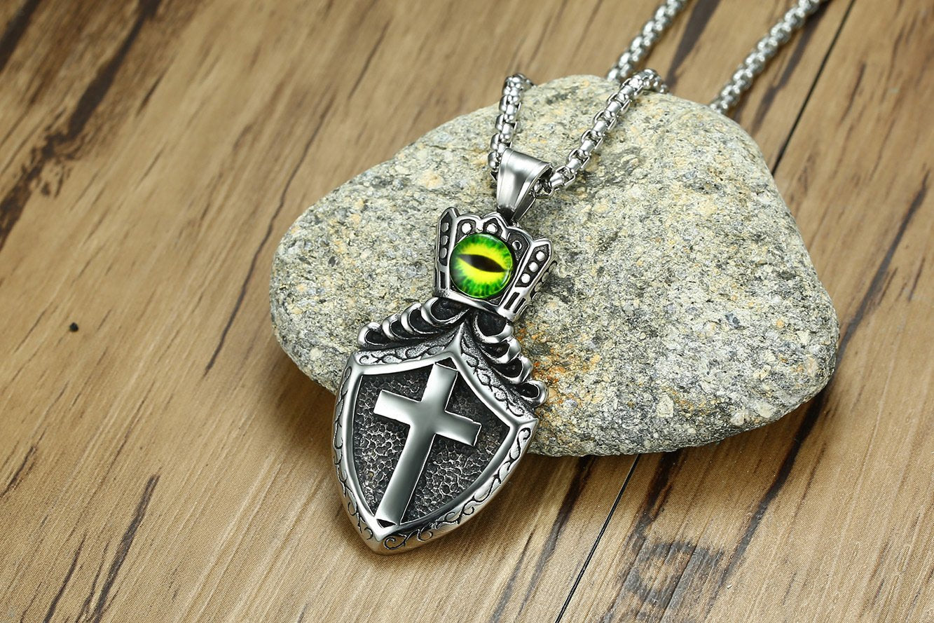 Green Eye Stone Crown Shield Pendant Silver Necklace-Necklaces-Innovato Design-Innovato Design