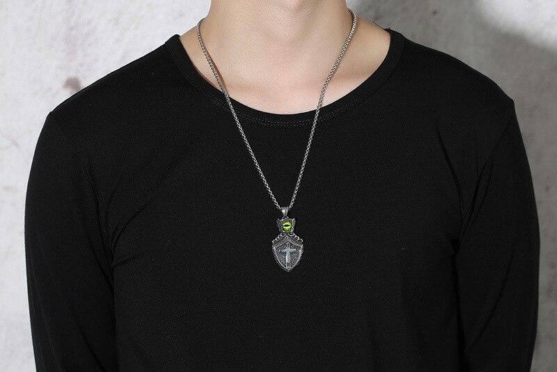 Green Eye Stone Crown Shield Pendant Silver Necklace-Necklaces-Innovato Design-Innovato Design