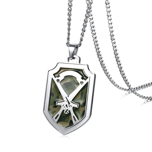 Silver Shield Pendant with Camouflage Inlay and Gun Design Necklace-Necklaces-Innovato Design-Innovato Design
