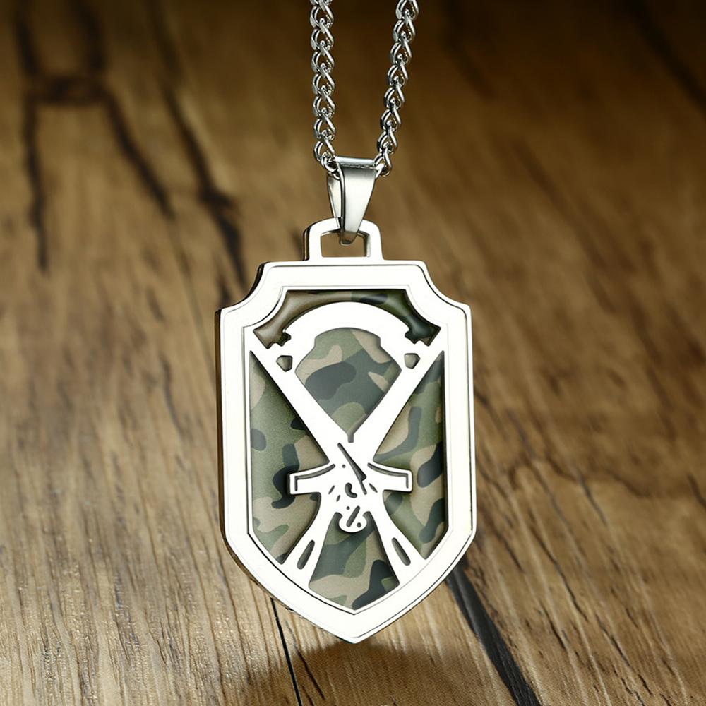 Silver Shield Pendant with Camouflage Inlay and Gun Design Necklace-Necklaces-Innovato Design-Innovato Design