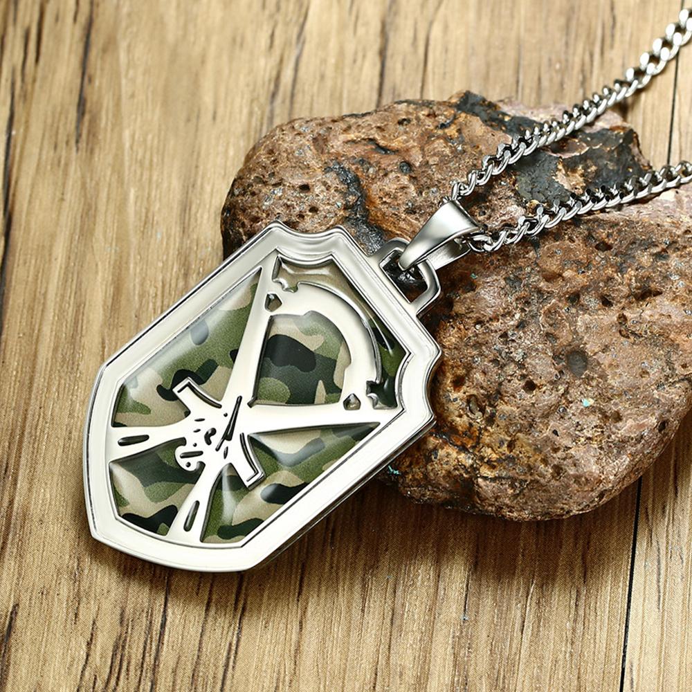 Silver Shield Pendant with Camouflage Inlay and Gun Design Necklace-Necklaces-Innovato Design-Innovato Design