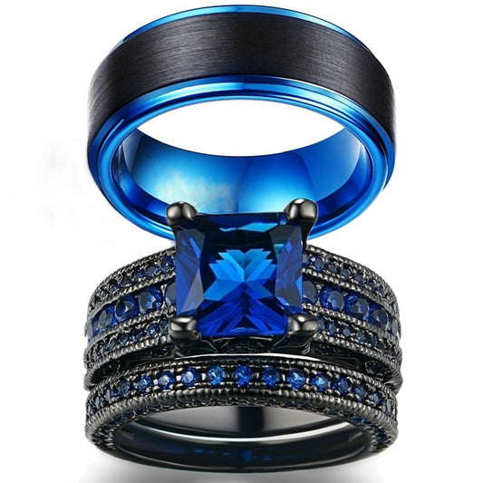 8mm Black Brushed Matte Blue Tungsten Carbide and Blue Cubic Zirconia Wedding Ring Set-Couple Rings-Innovato Design-6-5-Innovato Design