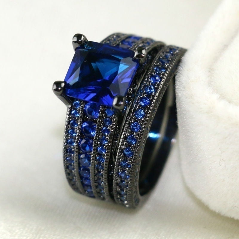 8mm Black Brushed Matte Blue Tungsten Carbide and Blue Cubic Zirconia Wedding Ring Set-Couple Rings-Innovato Design-6-5-Innovato Design