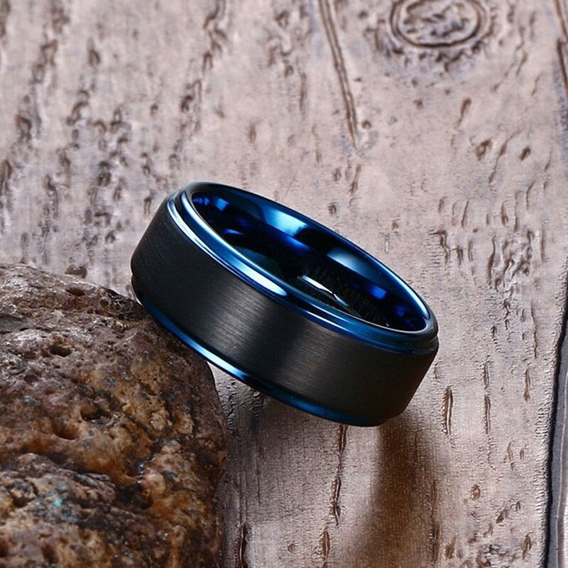 8mm Black Brushed Matte Blue Tungsten Carbide and Blue Cubic Zirconia Wedding Ring Set-Couple Rings-Innovato Design-6-5-Innovato Design