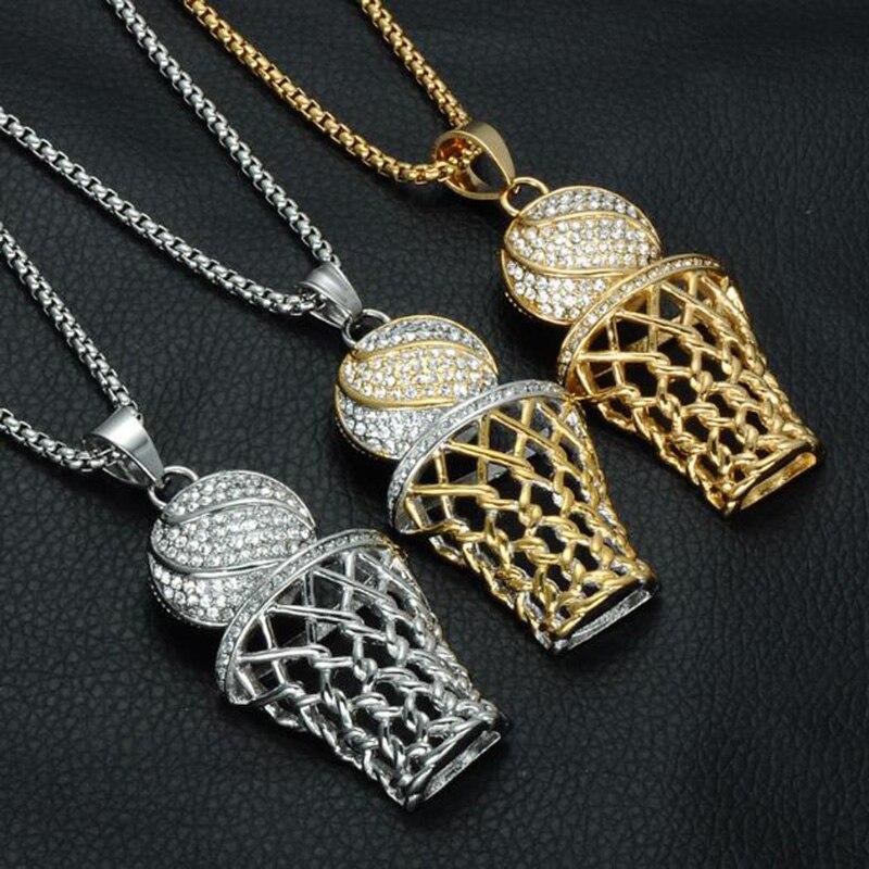 Titanium Steel Basketball Hoop Crystal Pendant Necklace-Necklaces-Innovato Design-Gold Silver-Innovato Design