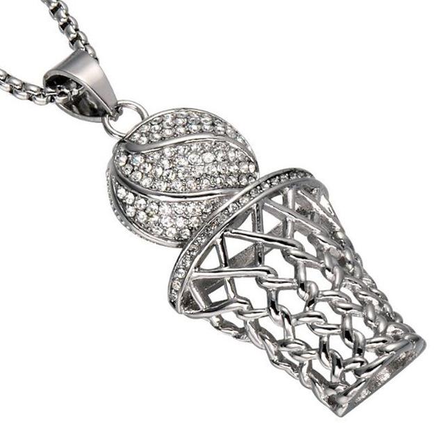 Titanium Steel Basketball Hoop Crystal Pendant Necklace-Necklaces-Innovato Design-Silver-Innovato Design