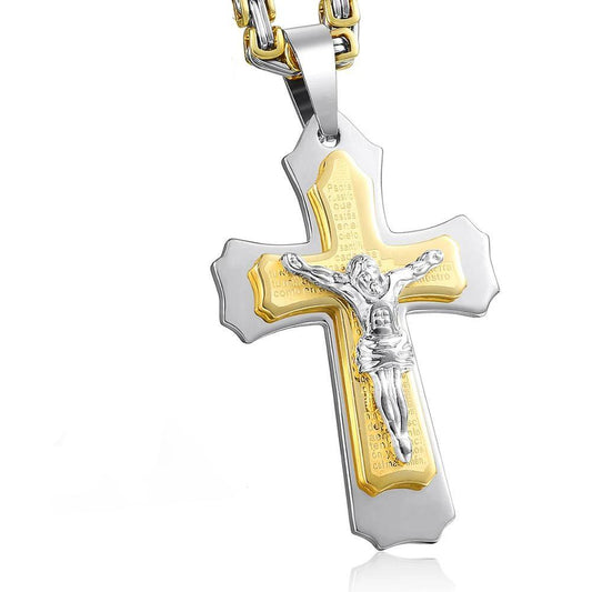 Multilayer Jesus Crucifix Pendant with Byzantine Chain Link Necklace-Necklaces-Innovato Design-Gold Silver-18-Innovato Design