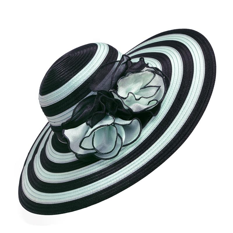Floppy Wide Brim Striped Sun Hat with Organza Flower-Hats-Innovato Design-Black Green-Innovato Design