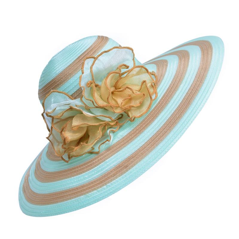 Floppy Wide Brim Striped Sun Hat with Organza Flower-Hats-Innovato Design-Brown White-Innovato Design