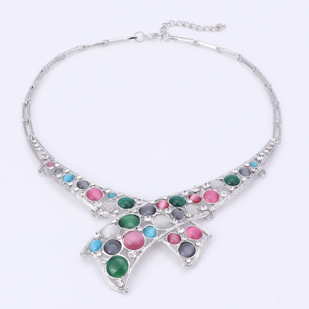 Cat's Eye and Crystal Necklace, Bracelet, Earrings & Ring Wedding Jewelry Set-Jewelry Sets-Innovato Design-Silver-Innovato Design