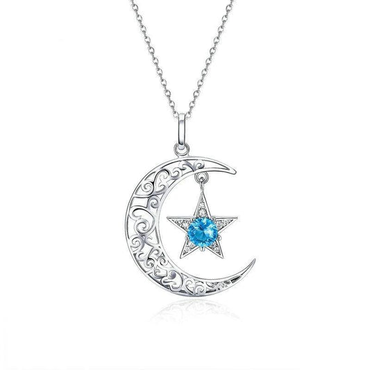 925 Sterling Silver Crescent Moon with Dangling Star Crystal-Necklaces-Innovato Design-Innovato Design
