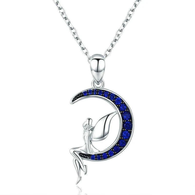 925 Sterling Silver Blue Crystal Crescent Moon and Fairy Pendant Necklace-Necklaces-Innovato Design-Innovato Design