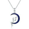 925 Sterling Silver Blue Crystal Crescent Moon and Fairy Pendant Necklace - InnovatoDesign
