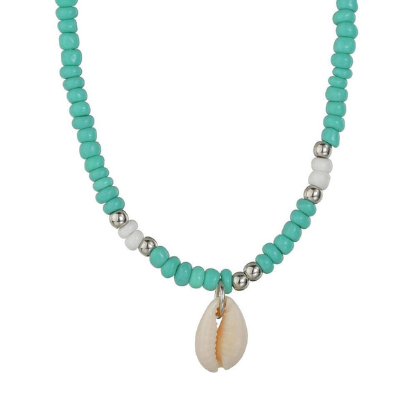 Blue and White Beaded Necklace with Puka Shell Pendant-Necklaces-Innovato Design-Green-Innovato Design