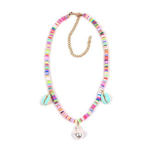 Flat Candy Color Bead Necklace with Puka Shell and Stone Pendants-Necklaces-Innovato Design-Innovato Design