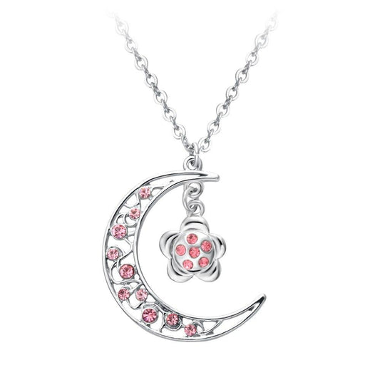 Silver Crescent Moon Pink Crystal Floral Pattern Necklace-Necklaces-Innovato Design-Innovato Design