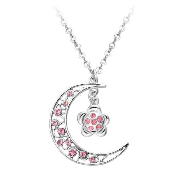 Silver Crescent Moon Pink Crystal Floral Pattern Necklace - InnovatoDesign