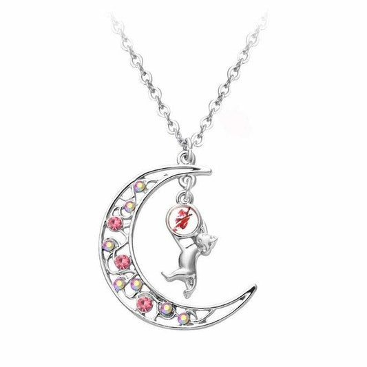Silver Crystal Crescent Moon Cat Pendant Necklace-Necklaces-Innovato Design-Pink-Innovato Design
