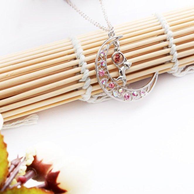 Silver Crystal Crescent Moon Cat Pendant Necklace-Necklaces-Innovato Design-Purple-Innovato Design