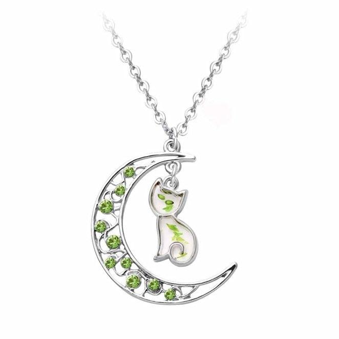 Silver Crystal Crescent Moon Cat Pendant Necklace-Necklaces-Innovato Design-Green-Innovato Design
