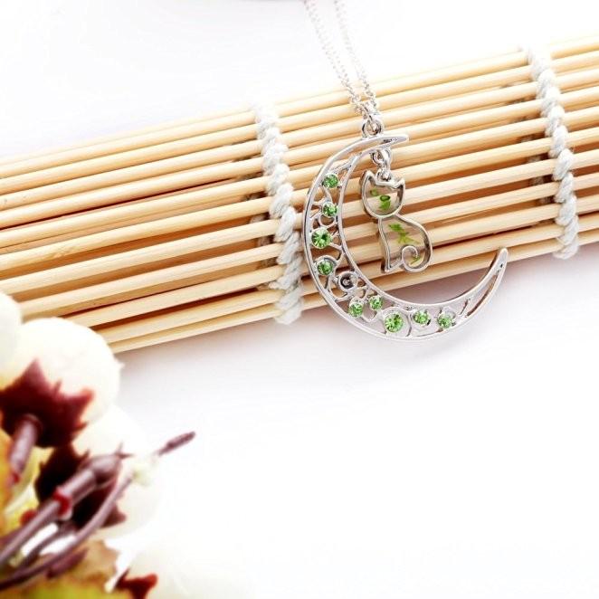 Silver Crystal Crescent Moon Cat Pendant Necklace-Necklaces-Innovato Design-Purple-Innovato Design