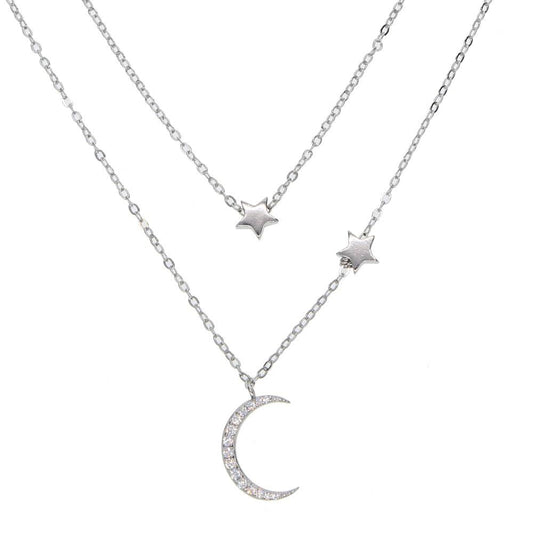 Platinum Silver Multi-layer Crescent Moon and Star Chain Necklace-Necklaces-Innovato Design-Innovato Design