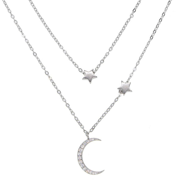 Platinum Silver Multi-layer Crescent Moon and Star Chain Necklace - InnovatoDesign