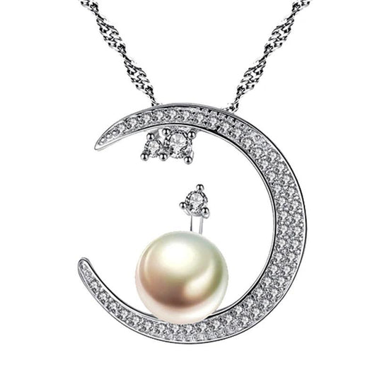 925 Sterling Silver Crescent Moon Pendant Necklace with White Pearl-Necklaces-Innovato Design-Innovato Design