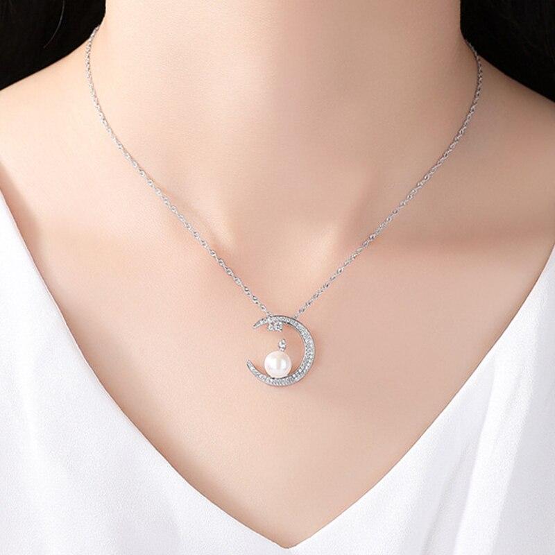 925 Sterling Silver Crescent Moon Pendant Necklace with White Pearl-Necklaces-Innovato Design-Innovato Design