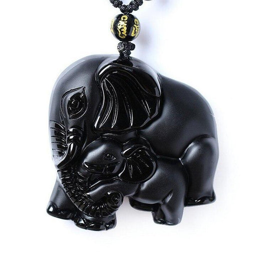 Black Obsidian Elephant Pendant with Beaded Rope Necklace