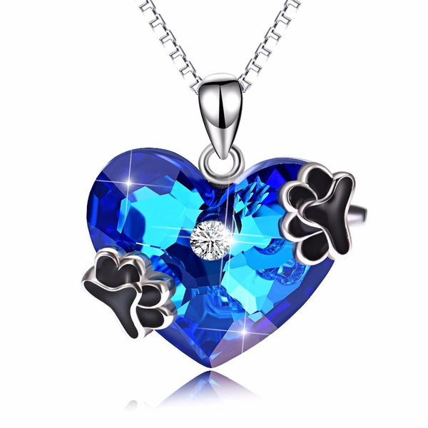 925 Sterling Silver Blue Heart of Ocean Crystal Pendant with Paw Prints