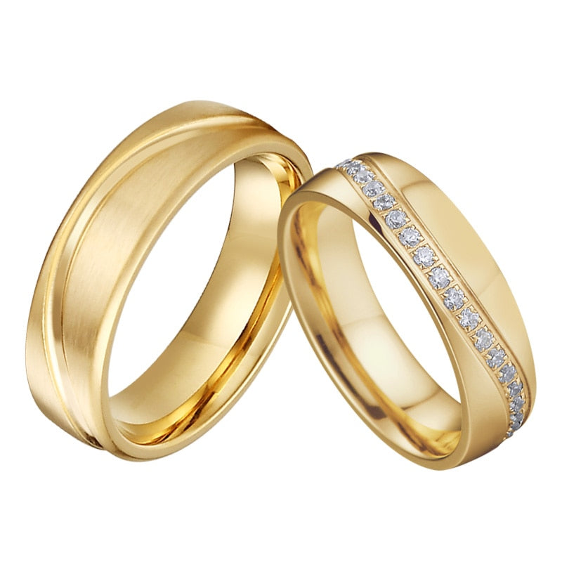 Cubic Zirconia and Gold-Plated Titanium Wedding Ring Set-Couple Rings-Innovato Design-7-5-Innovato Design