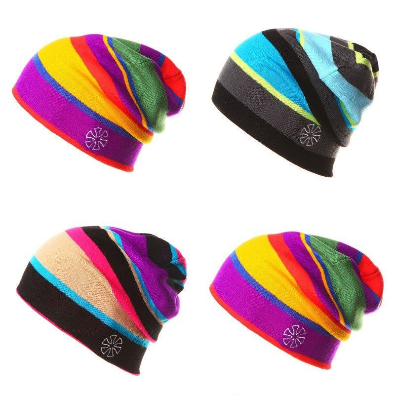 Multicolored Striped Knitted Hat, Beanie or Bonnet-Hats-Innovato Design-Red Purple Green-Innovato Design