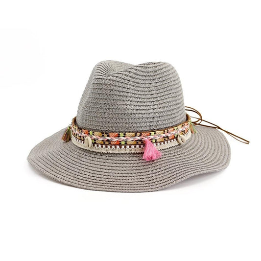 Straw Panama Hat with Tassels and Puka Shells-Hats-Innovato Design-Milk White-Innovato Design