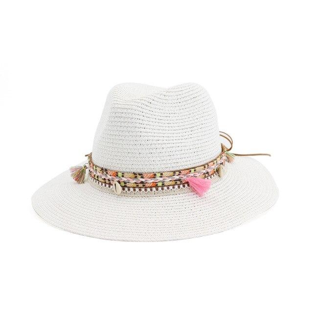 Straw Panama Hat with Tassels and Puka Shells-Hats-Innovato Design-White-Innovato Design