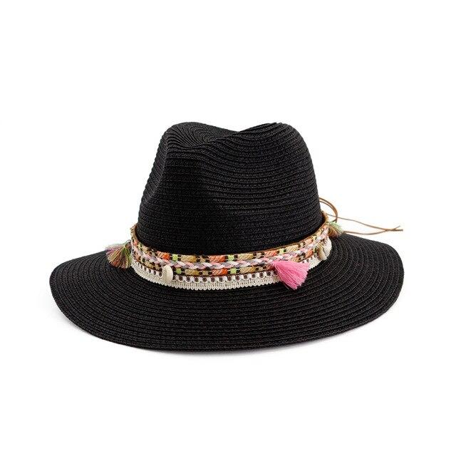 Straw Panama Hat with Tassels and Puka Shells-Hats-Innovato Design-Black-Innovato Design