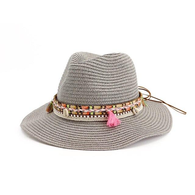 Straw Panama Hat with Tassels and Puka Shells-Hats-Innovato Design-Grey-Innovato Design