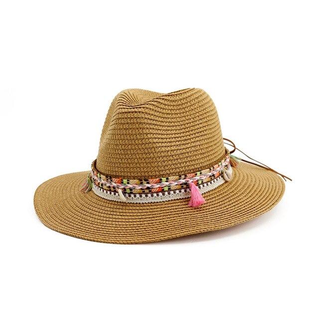 Straw Panama Hat with Tassels and Puka Shells-Hats-Innovato Design-Khaki-Innovato Design