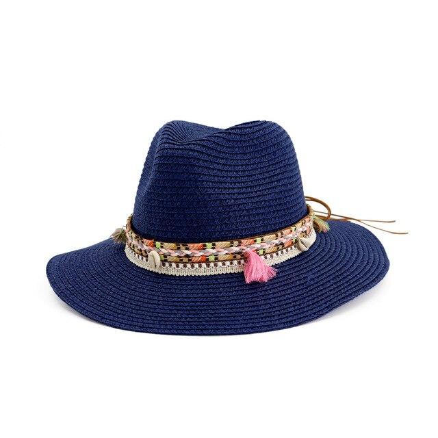 Straw Panama Hat with Tassels and Puka Shells-Hats-Innovato Design-Bblue-Innovato Design